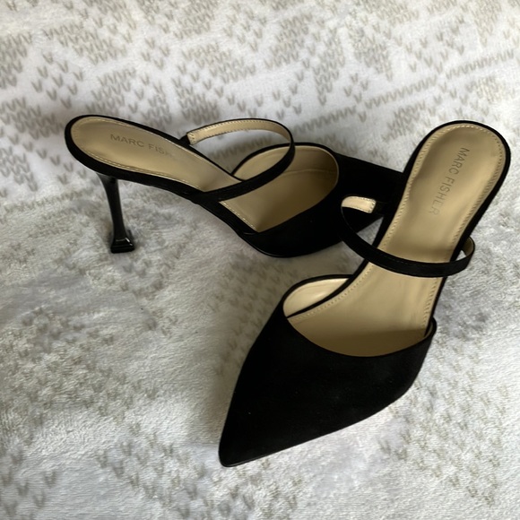 Marc Fisher Shoes - Marc Fisher Hadais Black Suede Heeled Mules w Strap  8 1/2M Women